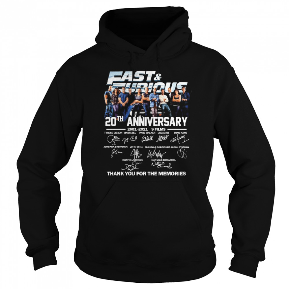 Fast and Furious 20th anniversary 2001 2021 9 films thank you for the memories shirt