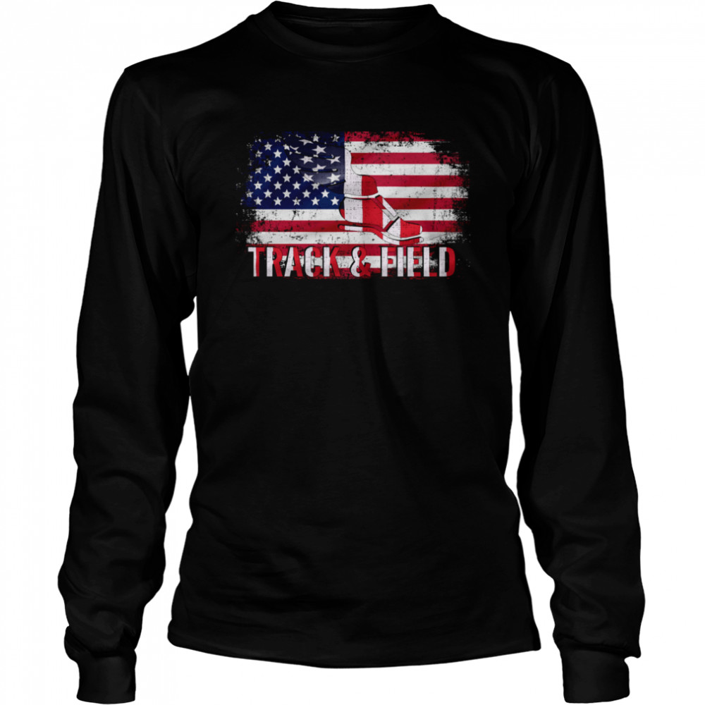 Vintage Track And Field With American Flag For Sports  Long Sleeved T-shirt