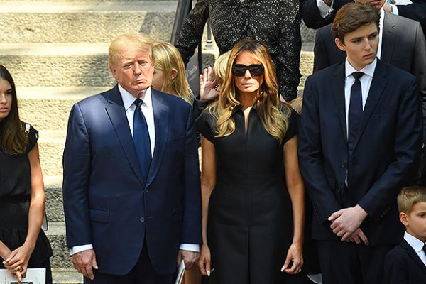 Donald, Melania, and Barron Trump gather with family at the funeral of Ivana Trump on July 20, 2022 in New York.
