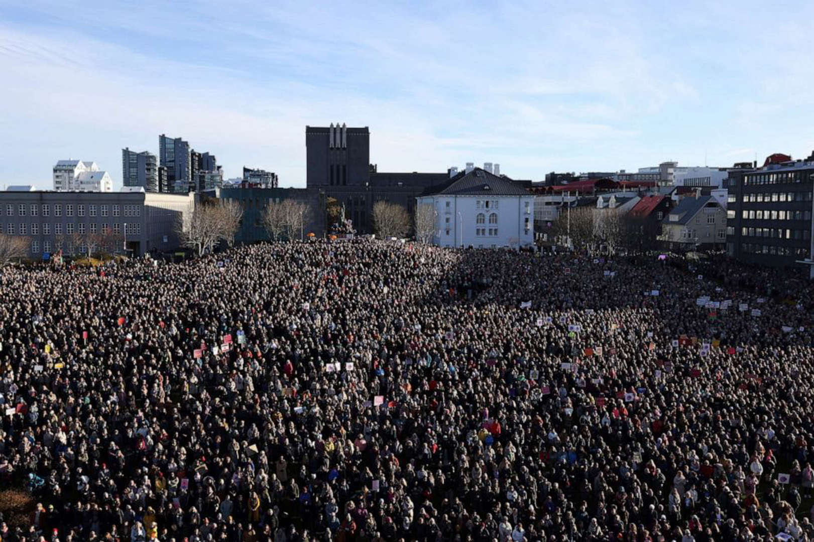 People across Iceland gather during the women's strike in Reykjavik, Iceland, Tuesday, Oct. 24, 2023. Iceland's prime minister and women across the island nation are on strike to push for an end to unequal pay and gender-based violence.