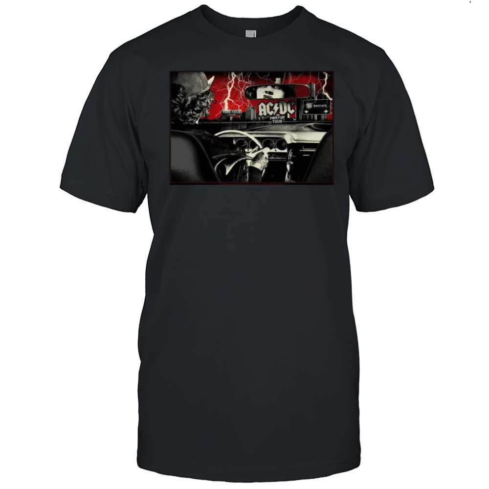 ACDC PWR Up Detroit 2025 At Ford Field Michigan On April 30 2025 Angus Young Riding A Car Shirt ACDC PWR Up Detroit 2025 At Ford Field Michigan On April 30 2025 Angus Young Riding A Car Shirt