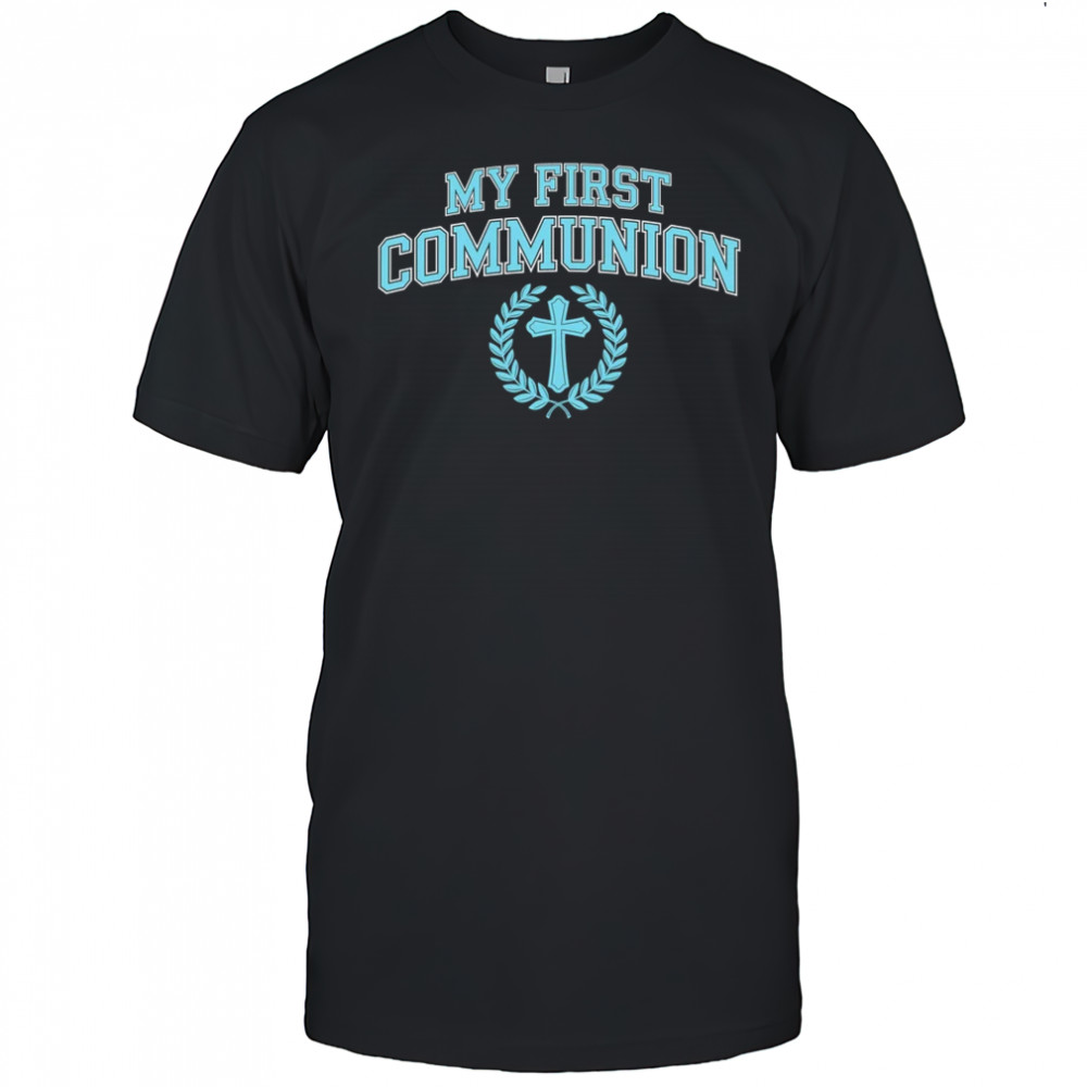 My First Communion Boys Catholic Religious Cross Blue shirt