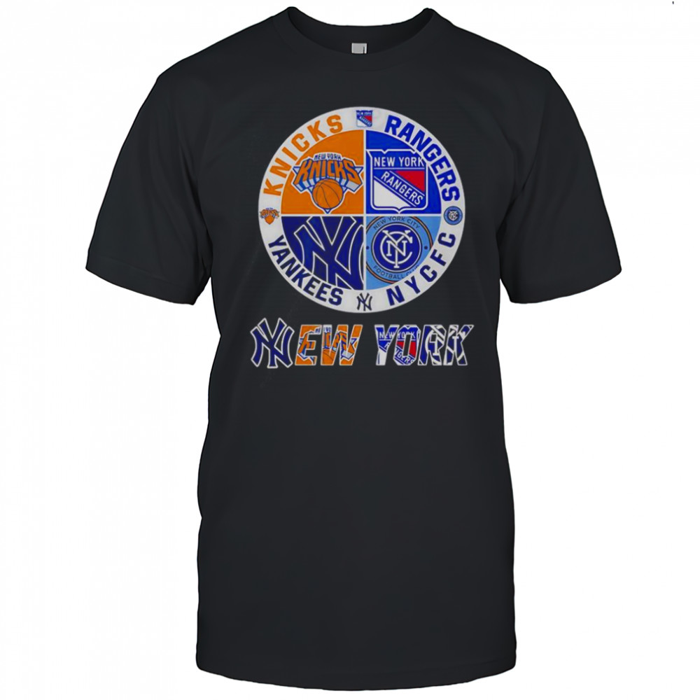 New York Yankees Knicks Rangers NYCFC 4 Teams Sports Circle Logo T-Shirt