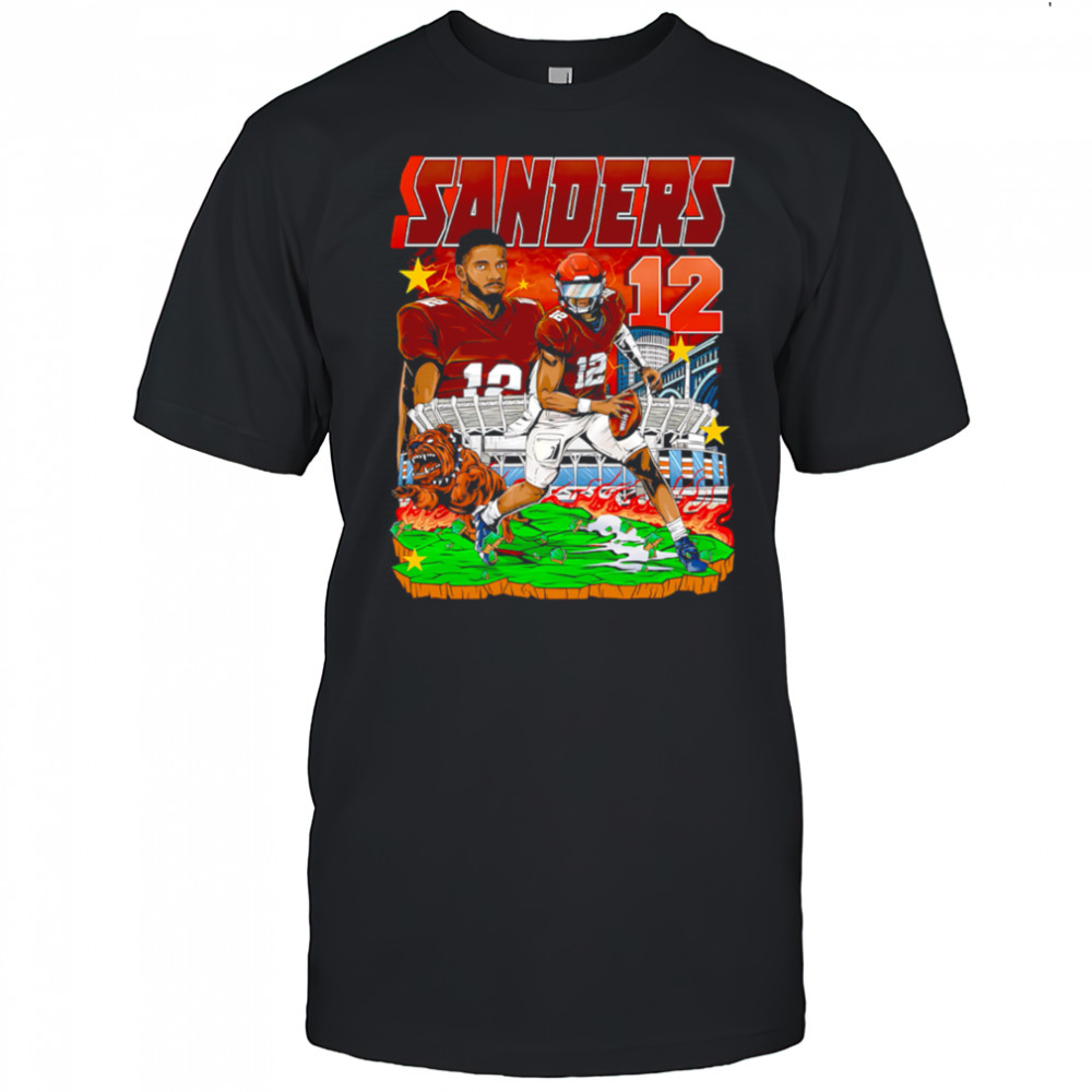Sanders 12 Football Player Brown Jersey Stadium Bulldog Comic Style Graphic Shirt