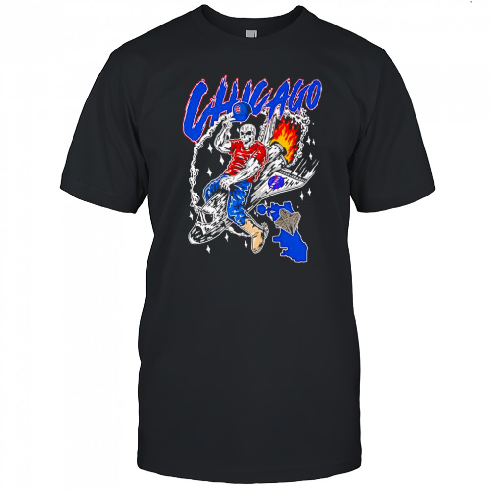 Skeleton riding space ship Chicago Cubs shirt