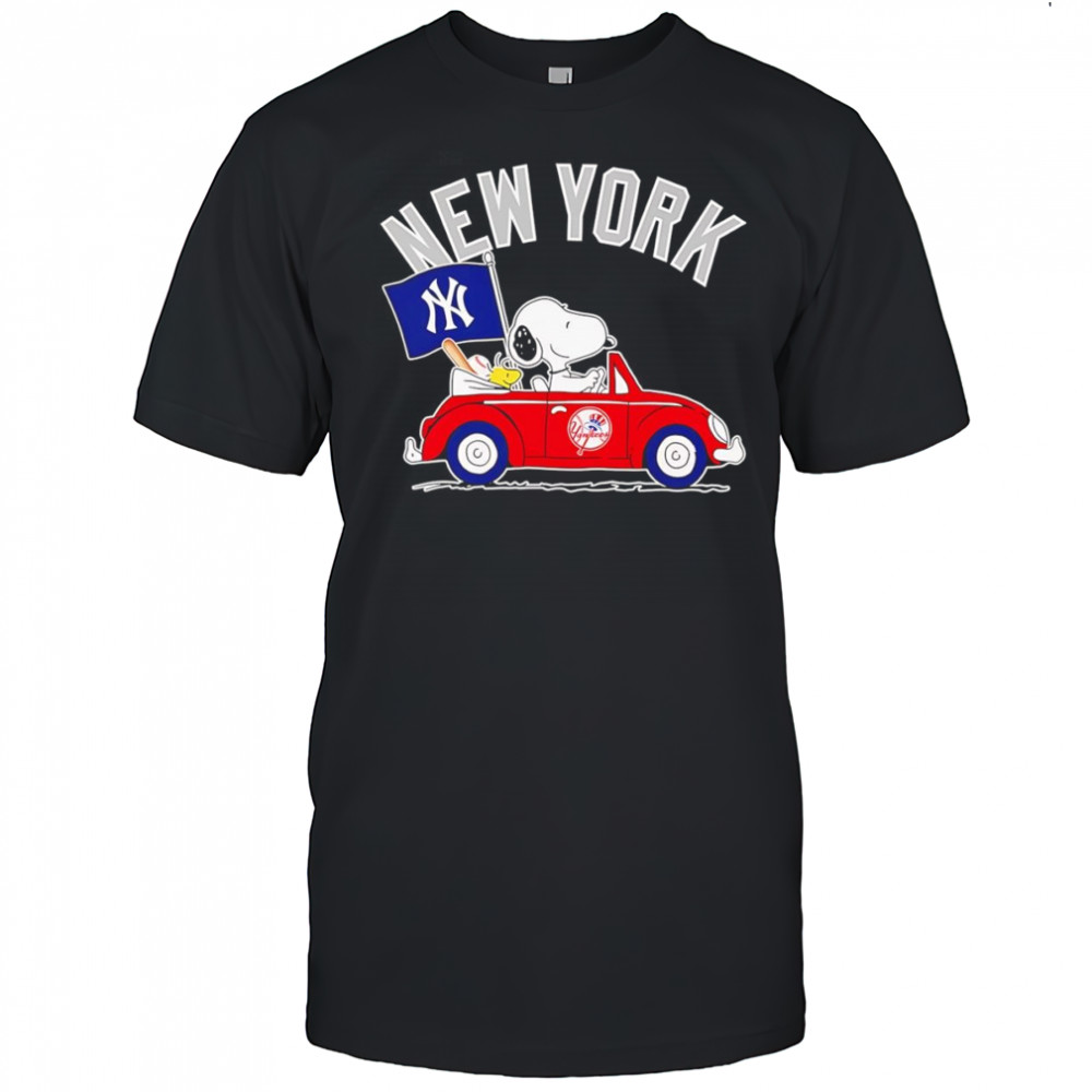 Snoopy and Woodstock driving car New York Yankees shirt