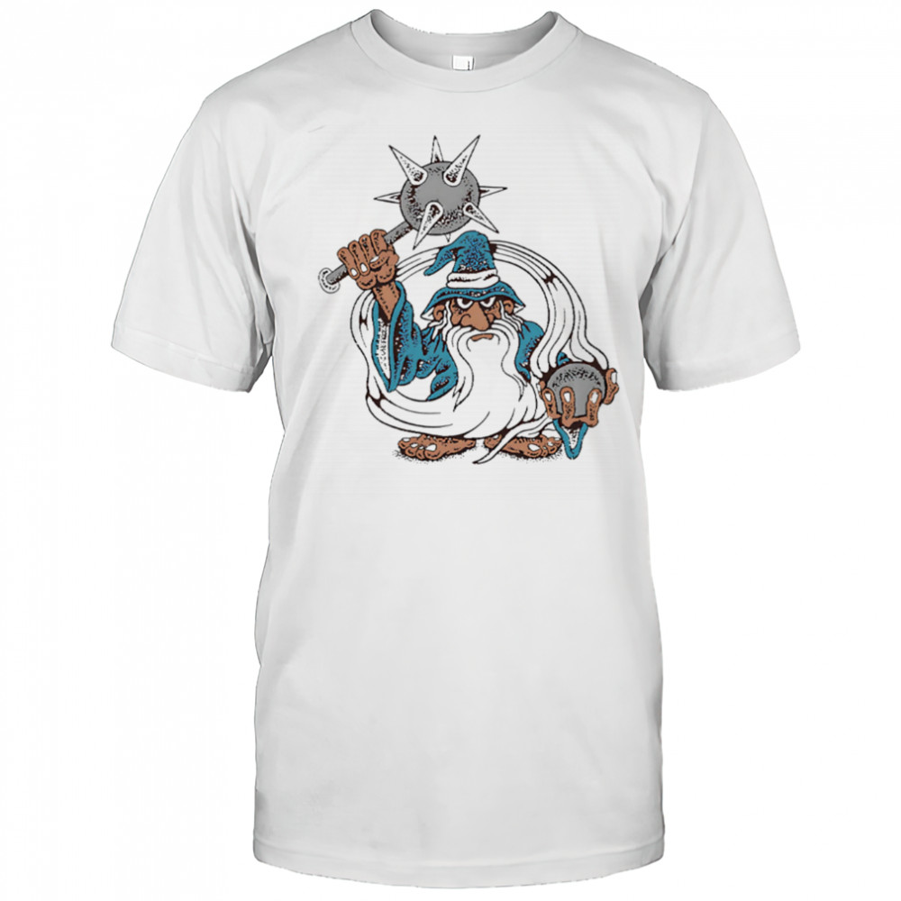 Sorcery Dept holding a mace shirt