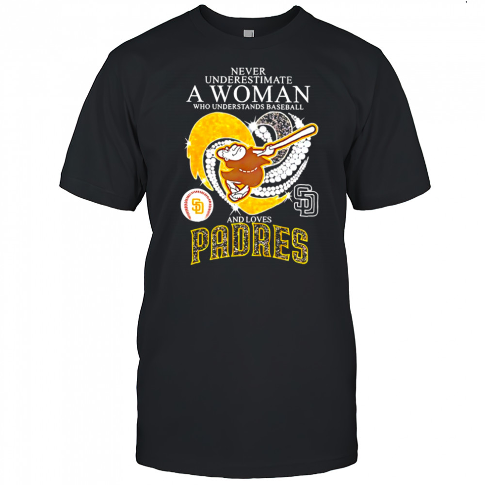 Swinging Friar Never Underestimate a Woman and Loves San Diego Padres diamond heart shirt