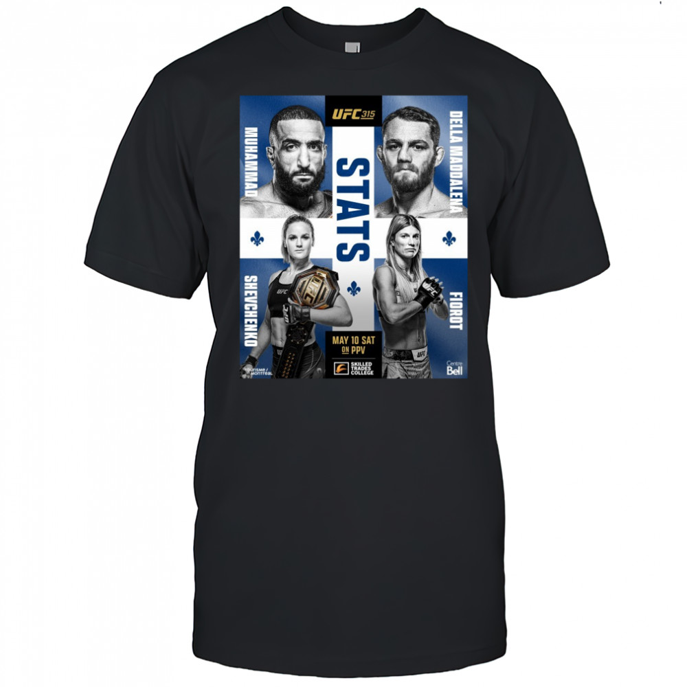 UFC 315 Stats Muhammad Vs Della Maddalena, Shevchenko Vs Fiorot May 10 Sat 2025 Poster t-shirt UFC 315 Stats Muhammad Vs Della Maddalena, Shevchenko Vs Fiorot May 10 Sat 2025 Poster t-shirt