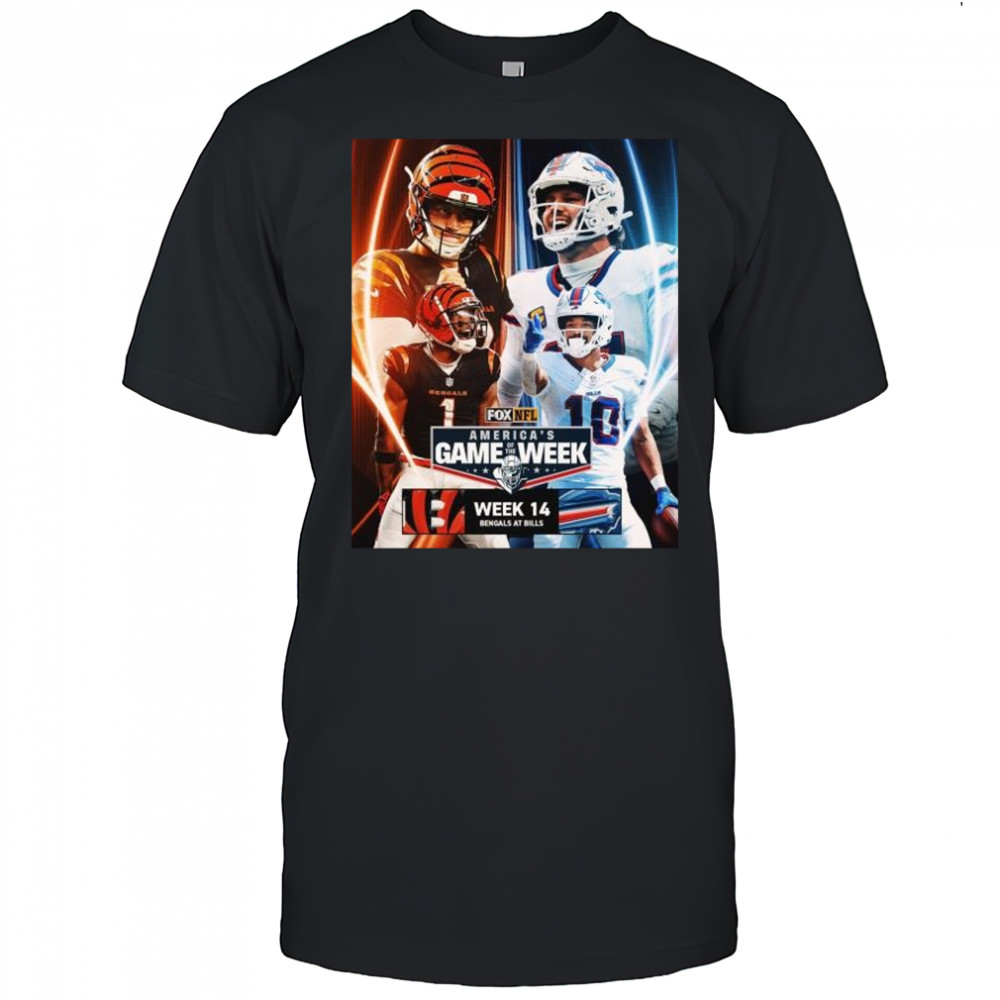 Week 14 in America’s Game Of The Week Burrow vs Allen Cincinnati Bengals at Buffalo Bills NFL Dec 8 2025 t-shirt