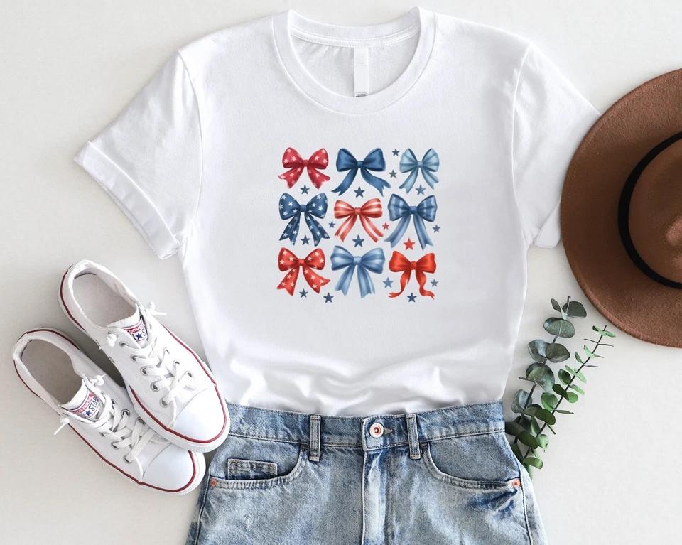 4th of July Patriotic Bow T-Shirt – Cute Red White Blue Ribbon Print