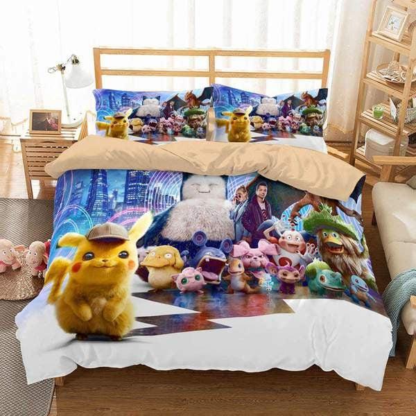 Housse De Couette Détective Pikachu Et Ses Amis Tous Les Personnages Parure de lit Ensemble De Literie