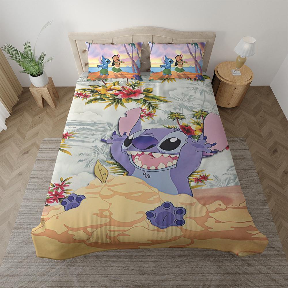 Housse De Couette Disney Lilo Et Stitch Dansant Sur La Plage Stitch Fleur Tropicale Hawaïenne Parure de lit Ensemble De Literie