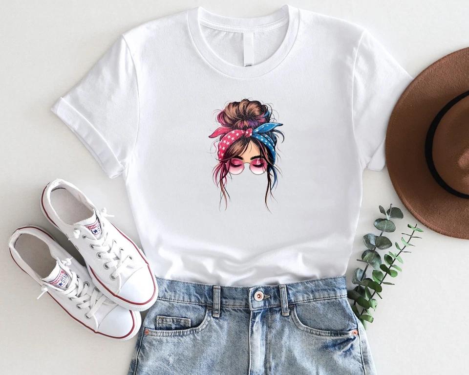 Messy Bun 4th of July T-Shirt Patriotic Woman Sunglasses Tee Messy Bun 4th of July T-Shirt Patriotic Woman Sunglasses Tee