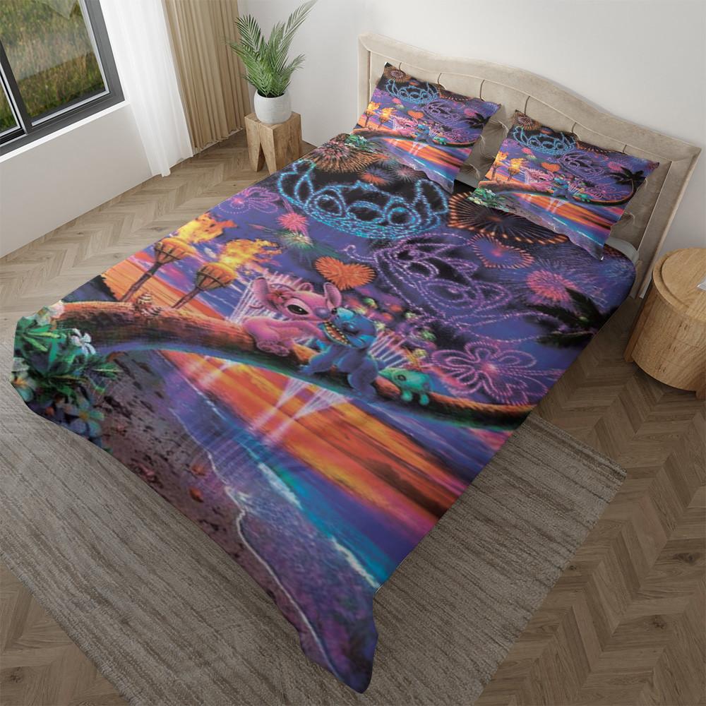 Parure de lit Couple Stitch Kiss Love Feux d'artifice au bord de la plage, Stitch Housse De Couette Ensemble De Literie
