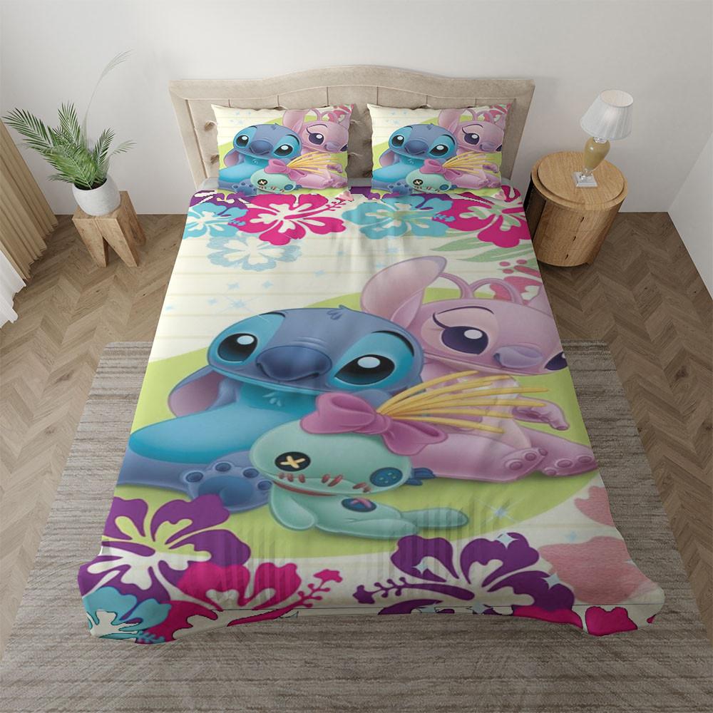 Parure de lit Lilo et Stitch Disney, Stitch et Angel Fleur Tropicale Housse De Couette Ensemble De Literie