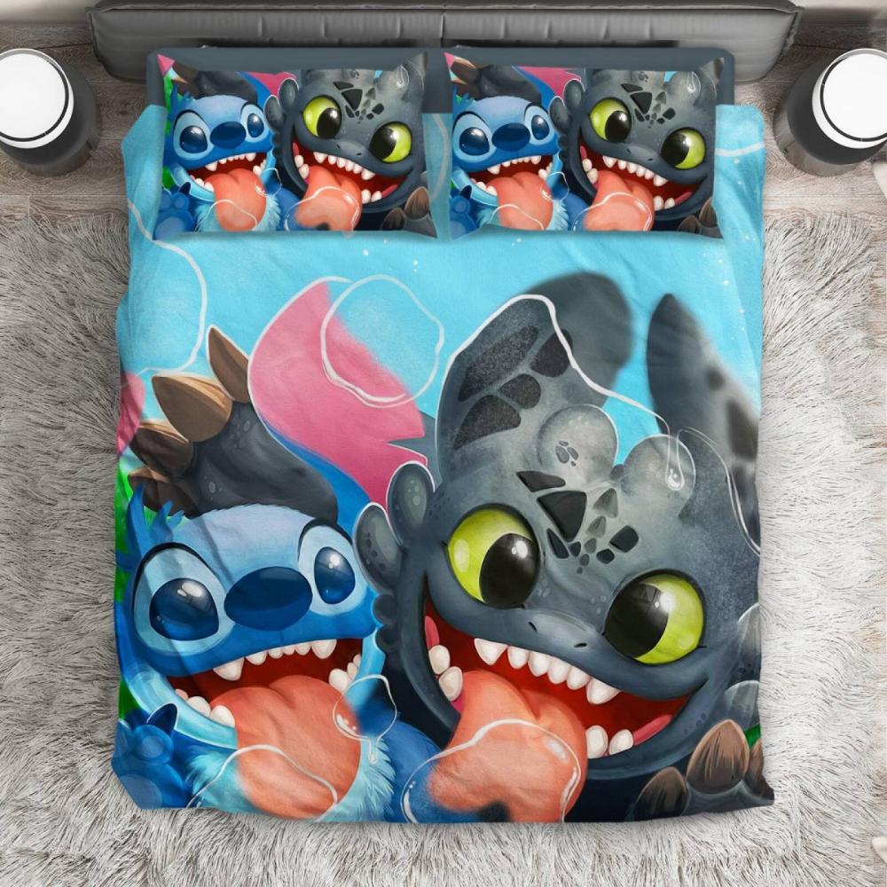 Parure de lit Lilo et Stitch Disney, Stitch et Night Fury Krokmou Housse De Couette Ensemble De Literie