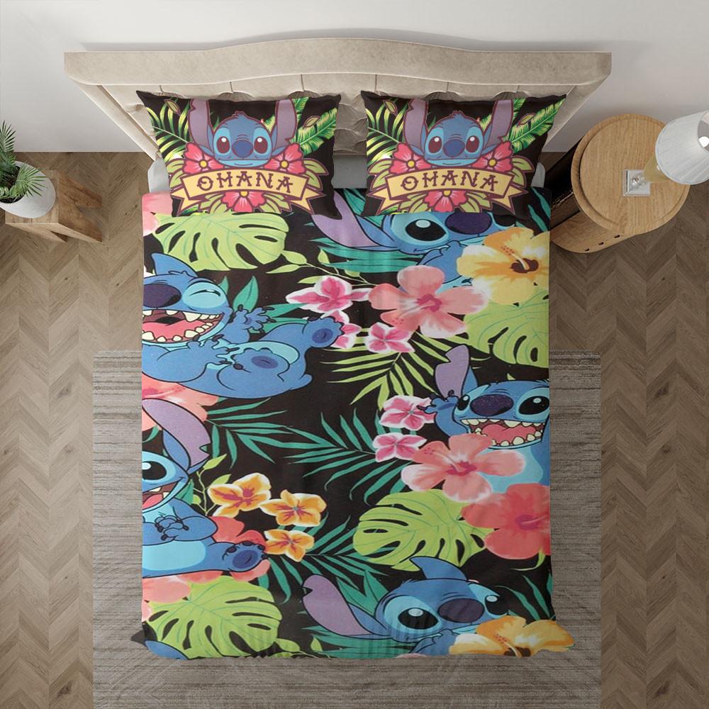 Parure de lit Lilo et Stitch, Stitch Hawaii Floral, Funny Stitch Ohana Mean Family Housse De Couette Ensemble De Literie