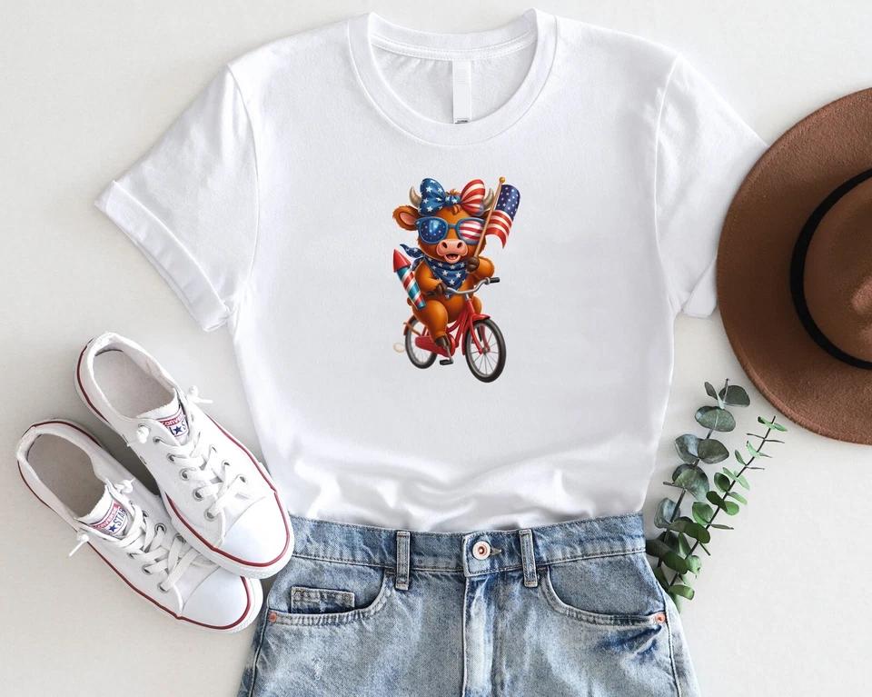 Patriotic Cow on Bike Shirt – 4th of July Cute Cow Graphic Tee
