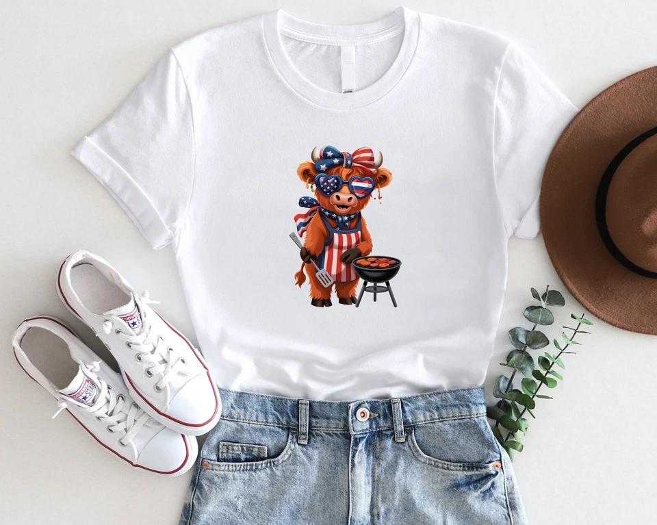 Patriotic Highland Cow BBQ Shirt – 4th of July Grilling Cow Tee