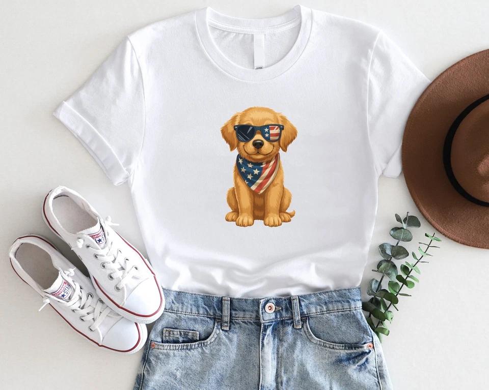 Patriotic Puppy 4th of July T-Shirt – Cute Dog in USA Flag Bandana