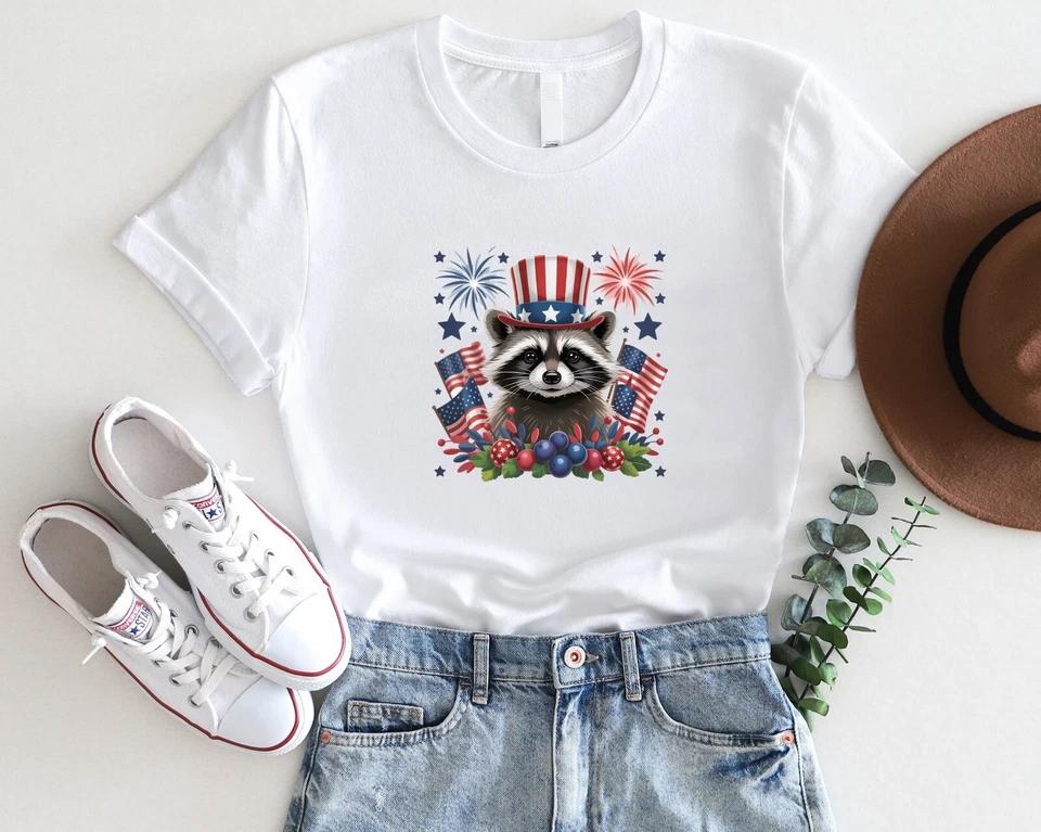 Patriotic Raccoon T-Shirt – 4th of July Fireworks USA Animal Tee