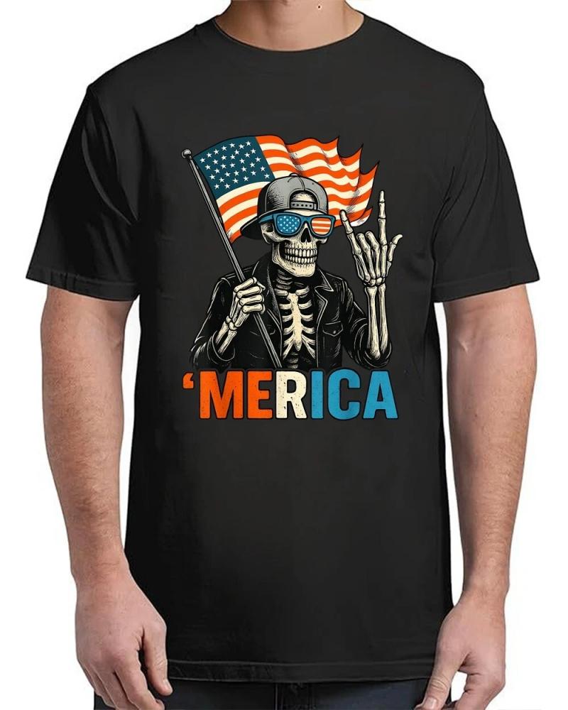 Skeleton Merica Rock American Flag Patriotic USA 4th Of July T-Shirt Skeleton Merica Rock American Flag Patriotic USA 4th Of July T-Shirt