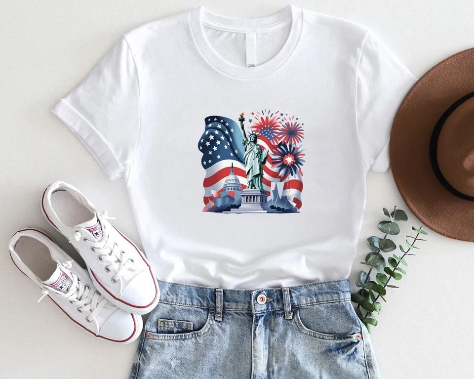 Statue of Liberty & Fireworks Graphic Tee – 4th of July Independence Shirt