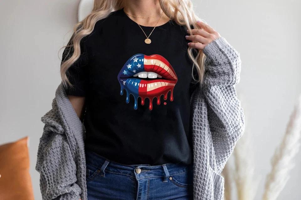 USA Flag Lips Dripping Shirt – 4th of July Patriotic Kiss Tee