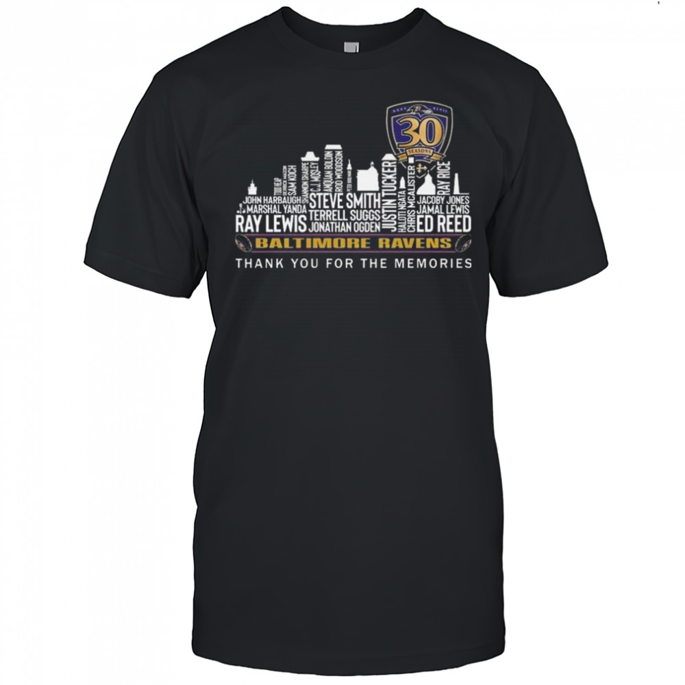 Baltimore Ravens 30 Seasons Thank You For The Memories Skyline Names 2025 Shirt
