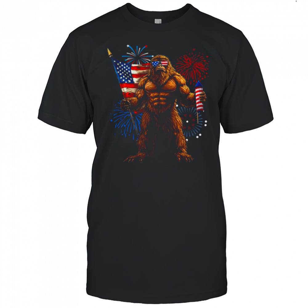 Bigfoot Fireworks 4th Of July Men Sasquatch American US Flag shirt