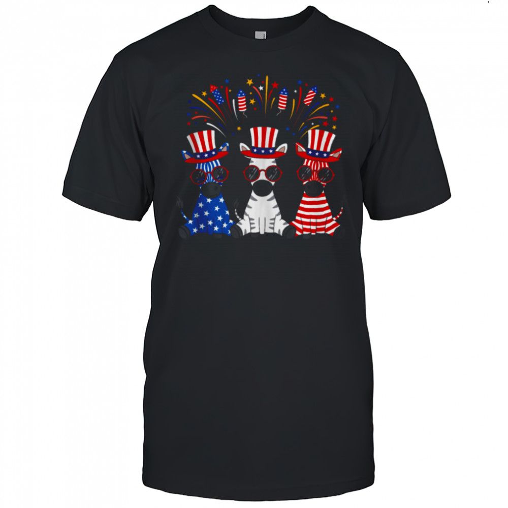 Funny Fireworks Zebra American USA Flag 4th of July T-shirt