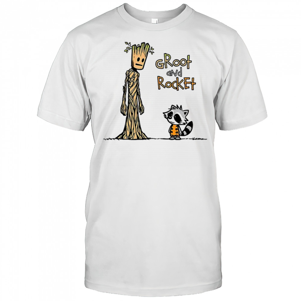 Groot and Rocket Raccoon X Calvin and Hobbes a raccoon and a tree shirt