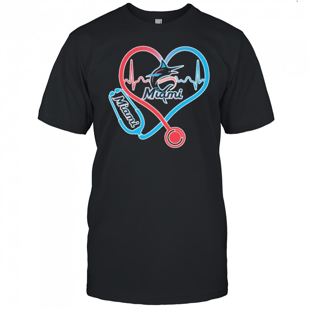 Miami Marlins Caring Hearts Nurse Stethoscope Heartbeat T-shirt