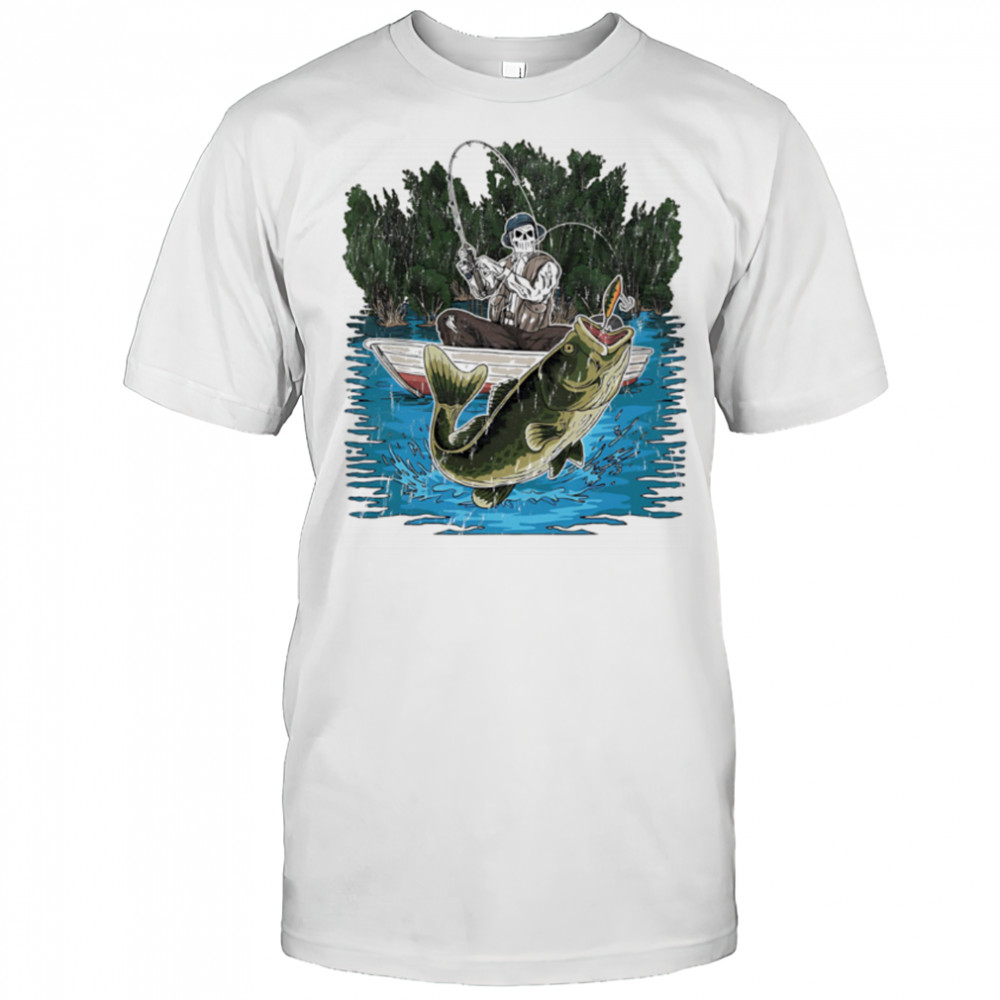 Sleleton fisherman is catching a bass fishing shirt