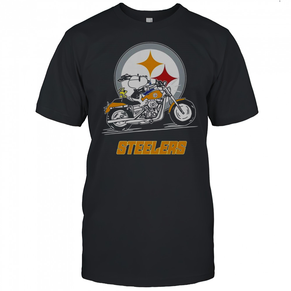 Snoopy And Woodstock Driving Motorbike Pittsburgh Steelers T-Shirt