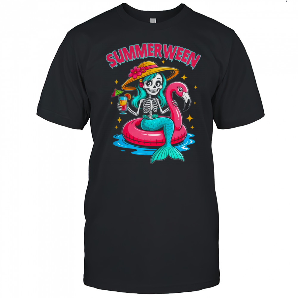 Summerween Mermaid Skeleton Halloween Flamingo Summer Vacay shirt