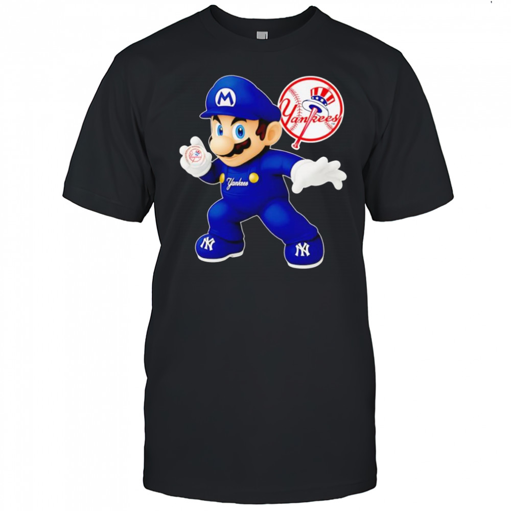 Super Mario holding baseball New York Yankees shirt