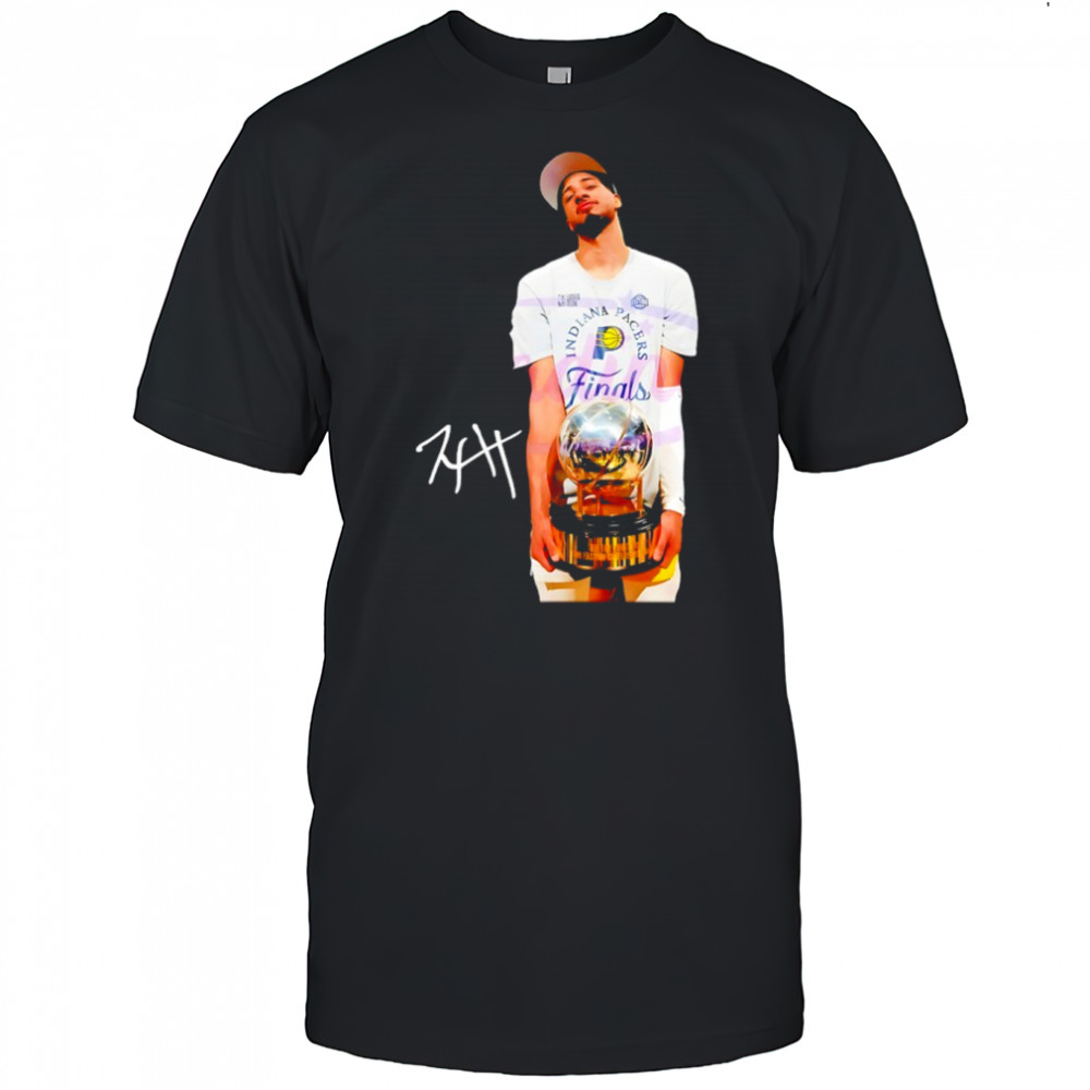 Tyrese Haliburton holding trophy Indiana Pacers 2025 NBA Finals signature shirt