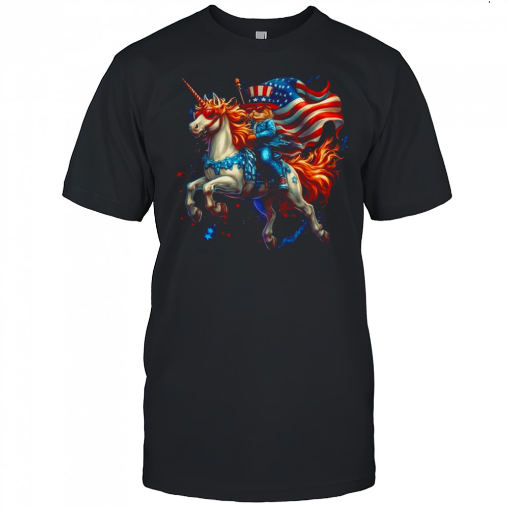 Cat Riding Unicorn USA Flag Patriotic 4th Of July Women Girl shirt