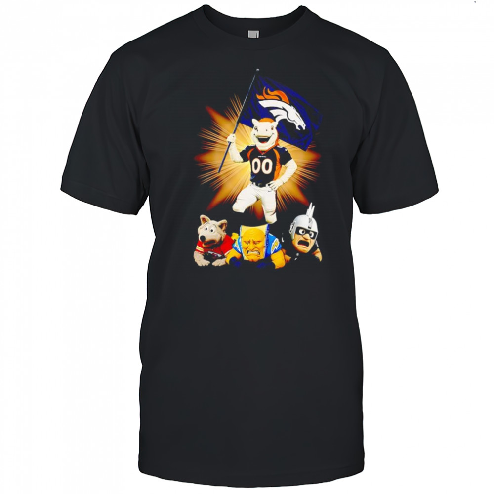 Denver Broncos mascot standing with flag shirt