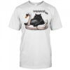 Disassociating chonky cat on a swan floatie shirt