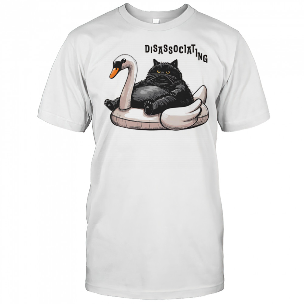 Disassociating chonky cat on a swan floatie shirt