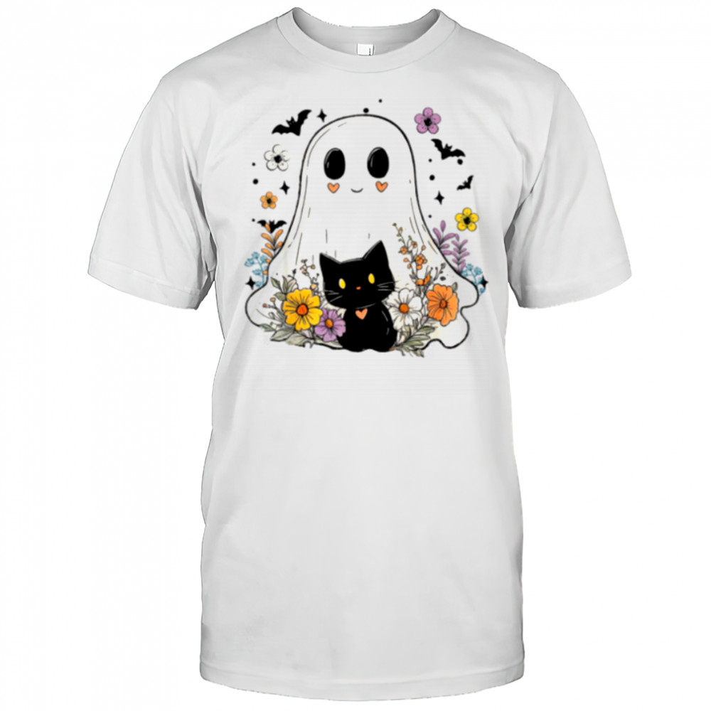 Floral Ghost Black Cat Halloween Costume Shirt