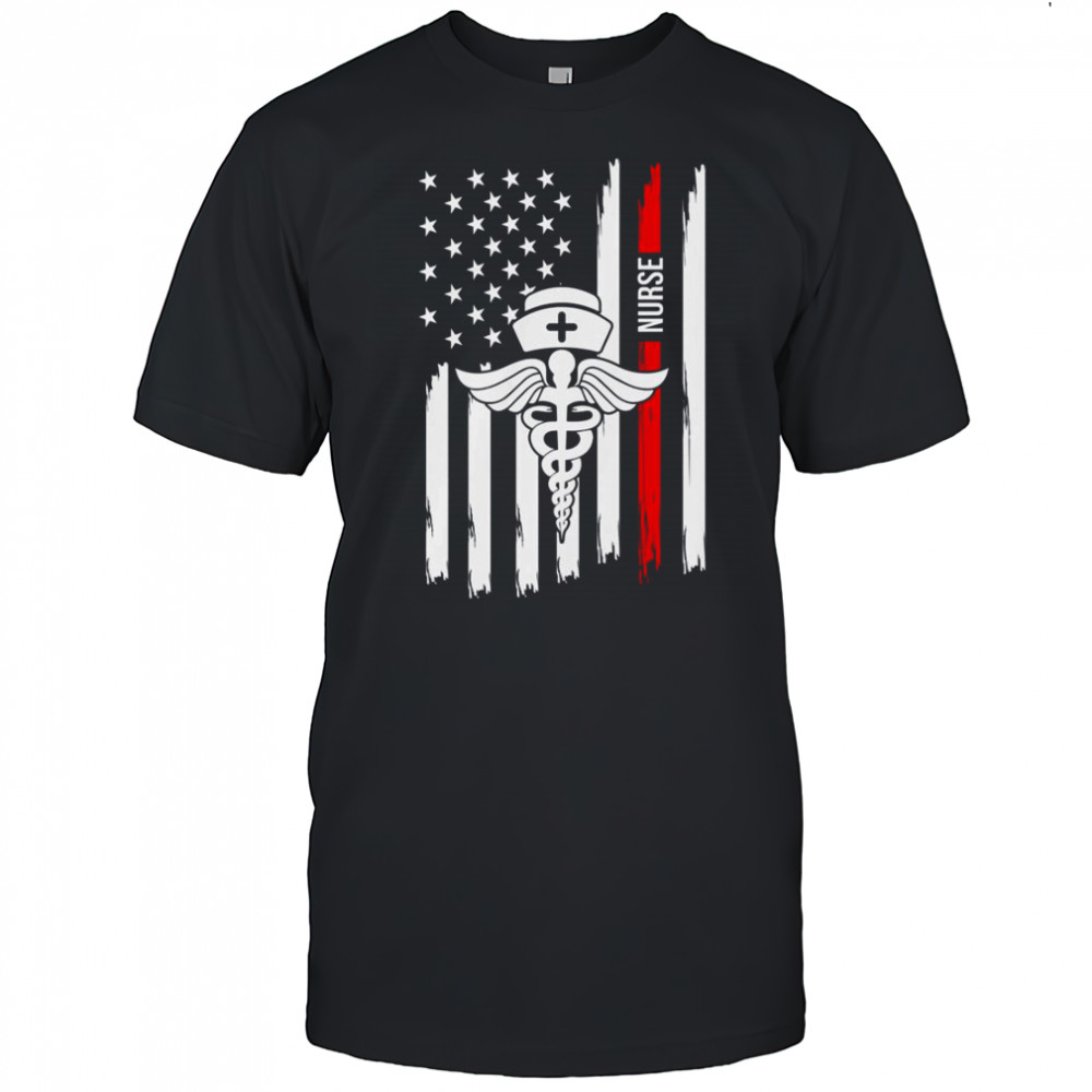 American Flag Nurse Caduceus Red Stripe Nurse Cap Healthcare Heroes T-Shirt