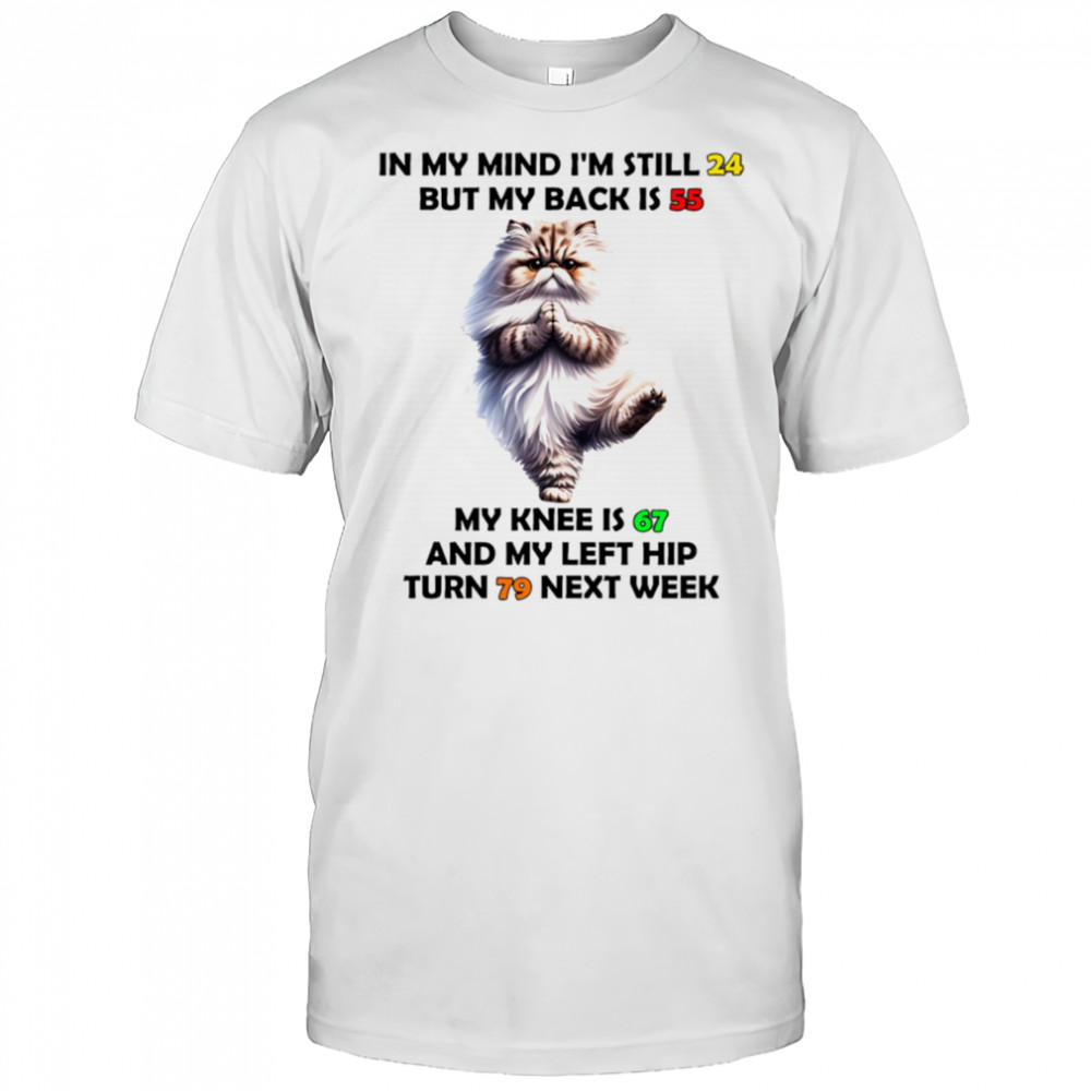 Cat in my mind I’m still 24 but my back is 55 my knee is 67 shirt