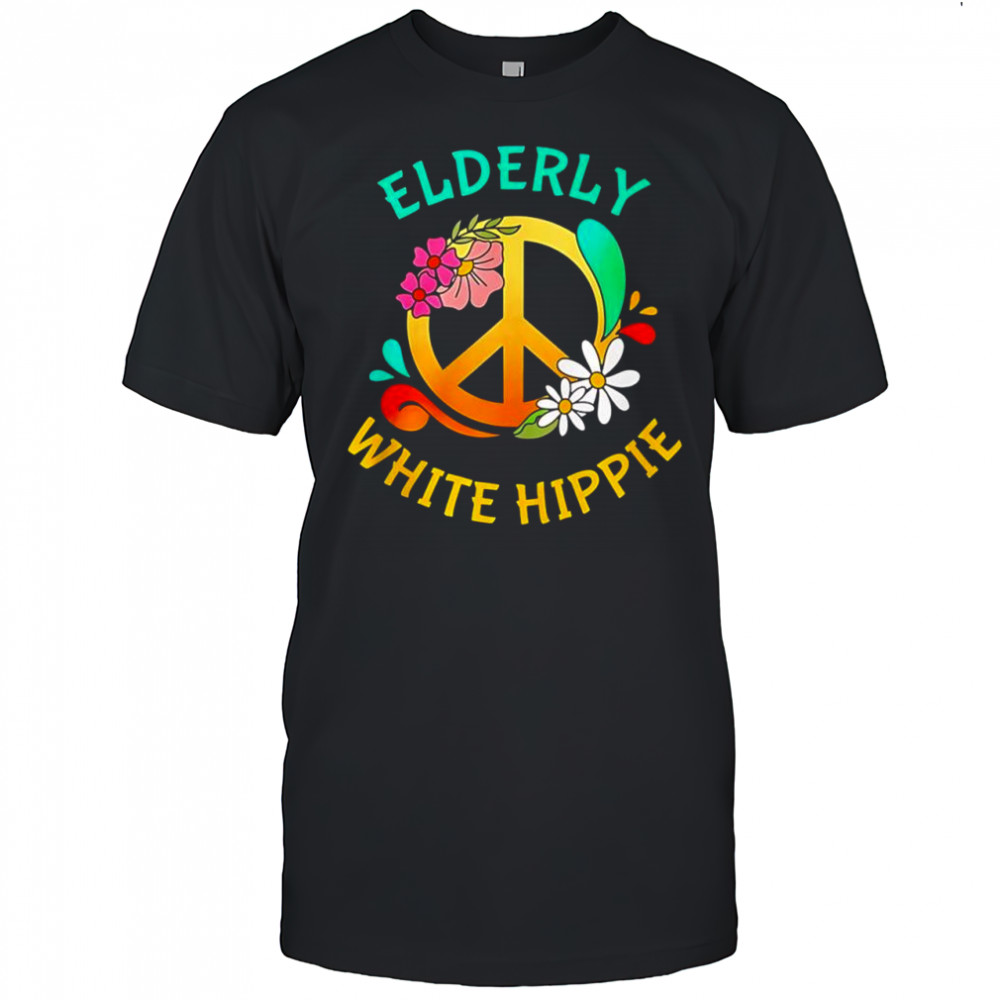 Elderly white hippie peace flowers shirt