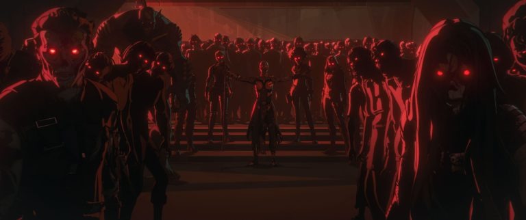 Okoye (center) commands a zombie army that includes Hawkeye, Abomination, and Ghost.