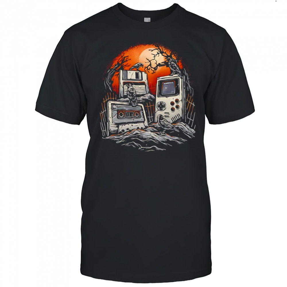 A cemetery of obsolete technology a floppy disk a cassette tape and a Game Boy shirt