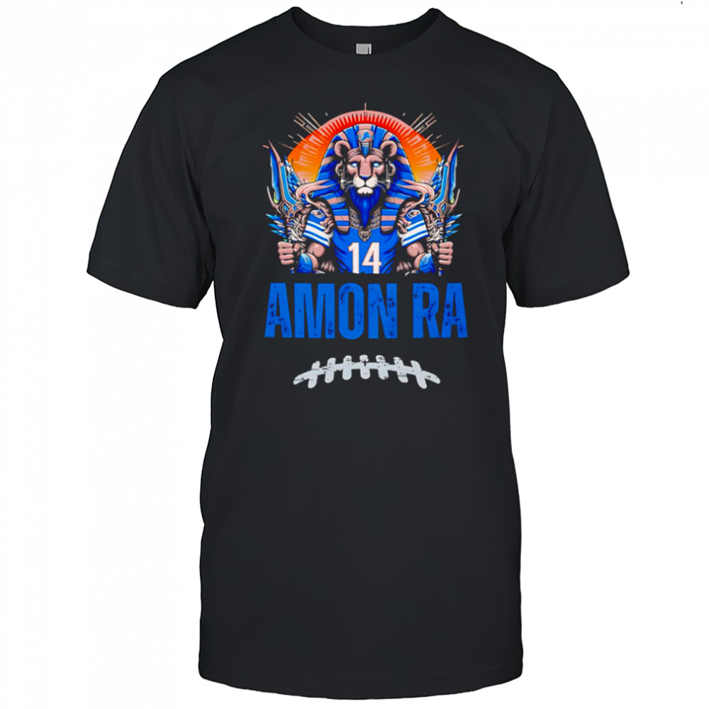Amon Ra Egyptian god holding football sticks player number 14 shirt